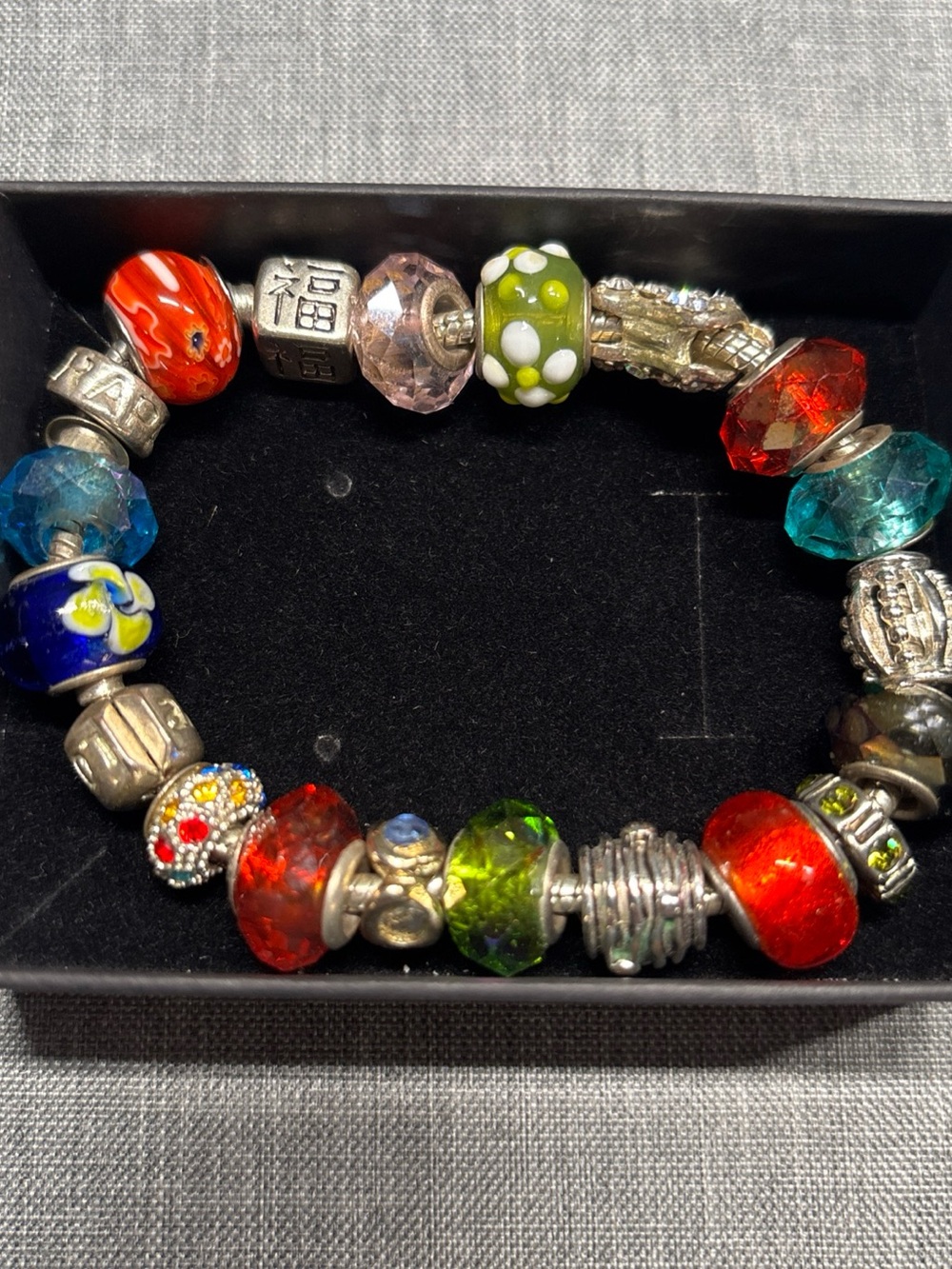 P-dora-Inspired (Love) Multicolor Charm Bracelet - 8" Manmade Gems W/Glass Beads